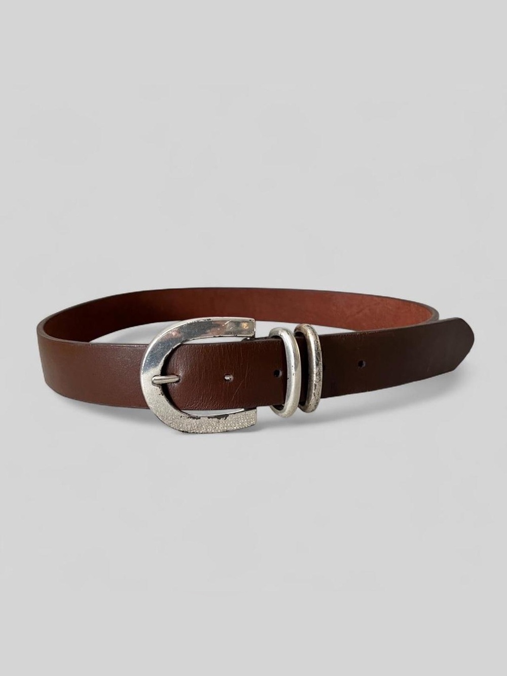 Vtg 90s New York & Company Brown Leather Belt Silver Buckle Western Sz Large